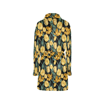 Elegant Yellow Tulip Print Women's Fleece Robe