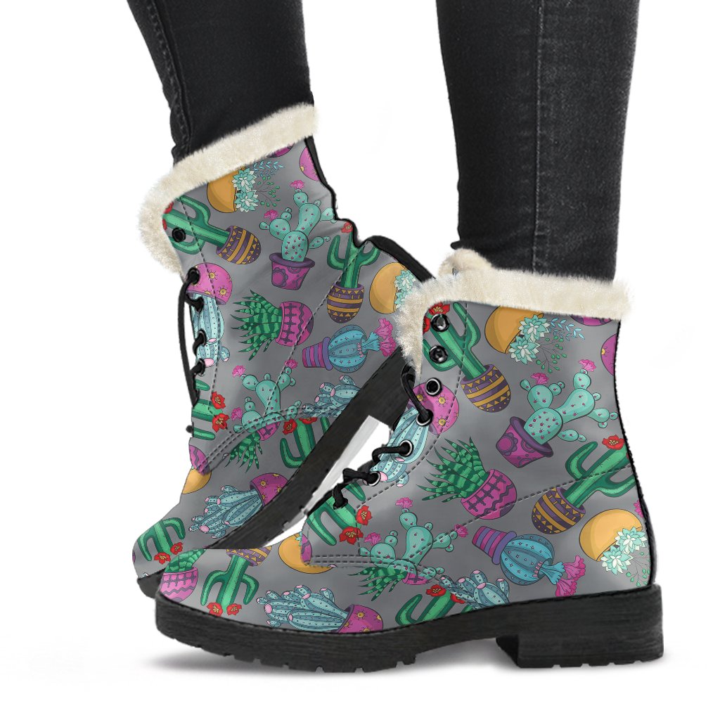 Cactus Colorful Print Pattern Faux Fur Leather Boots-JTAMIGO.COM