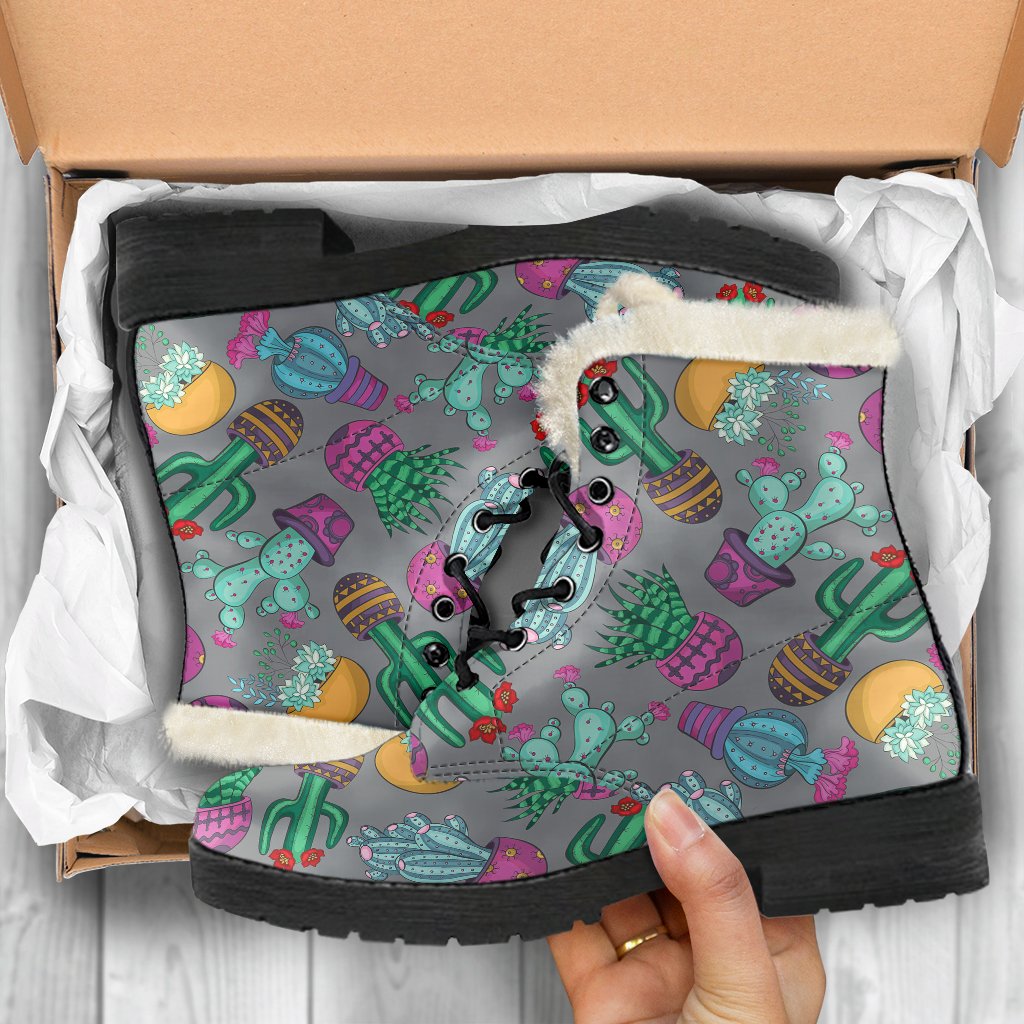Cactus Colorful Print Pattern Faux Fur Leather Boots-JTAMIGO.COM