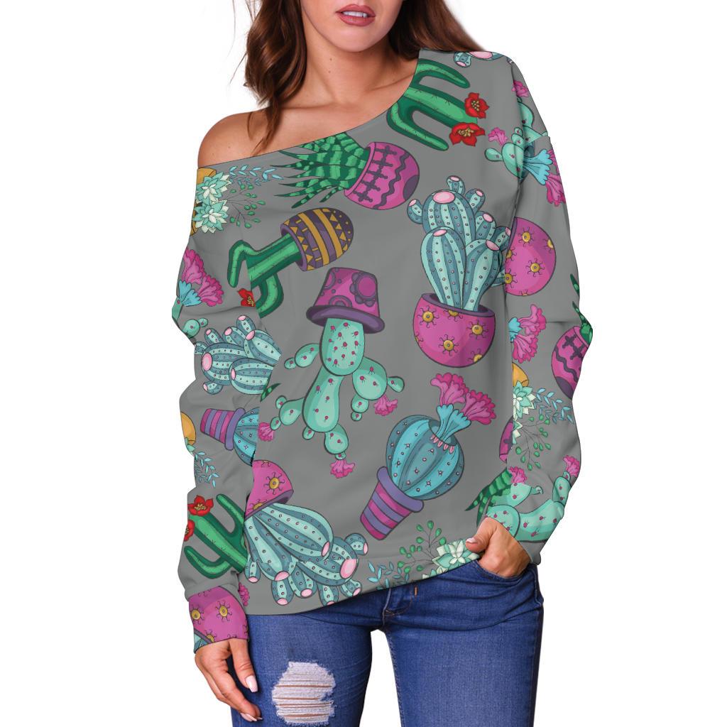 Cactus Colorful Print Pattern Off Shoulder Sweatshirt