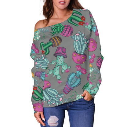 Cactus Colorful Print Pattern Off Shoulder Sweatshirt