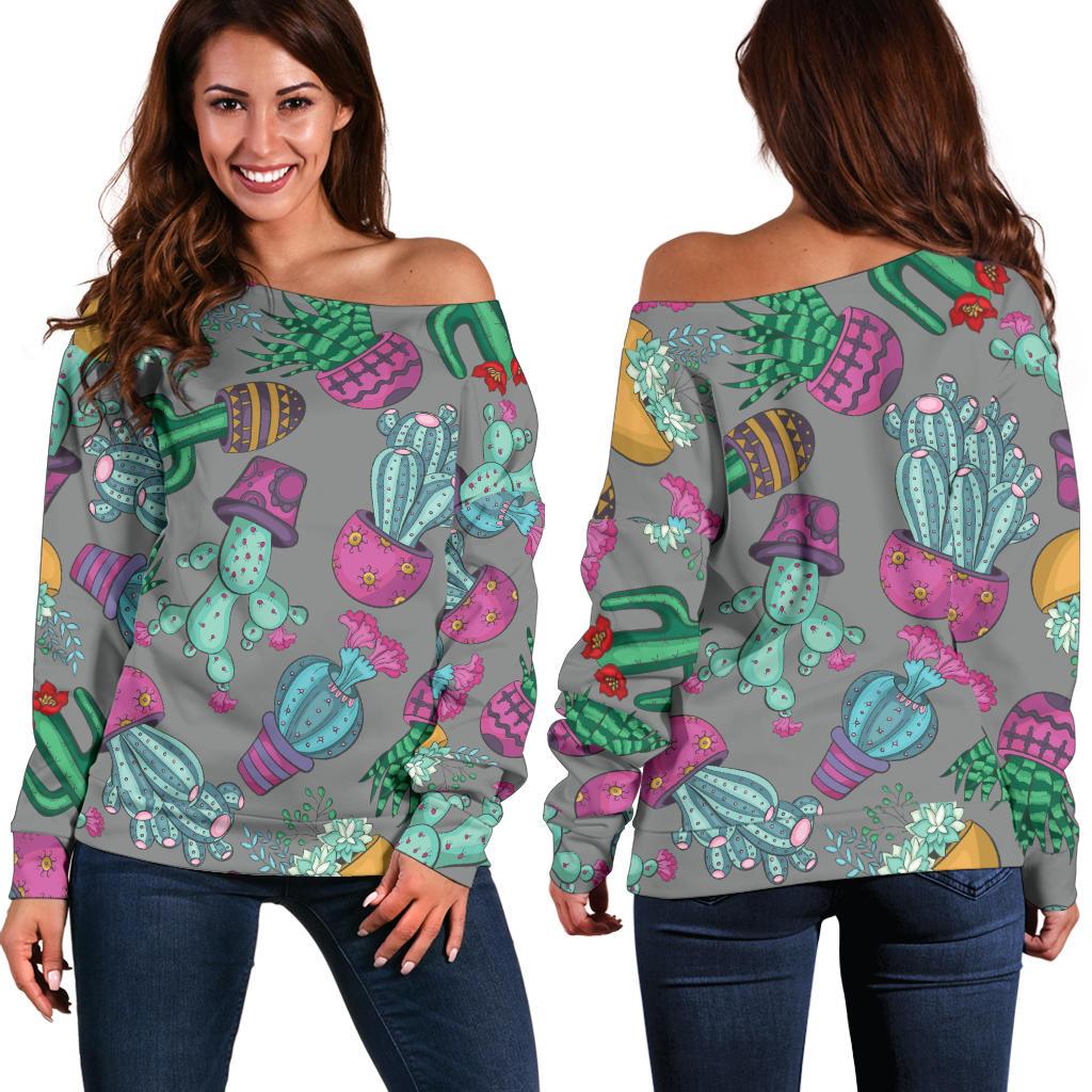 Cactus Colorful Print Pattern Off Shoulder Sweatshirt