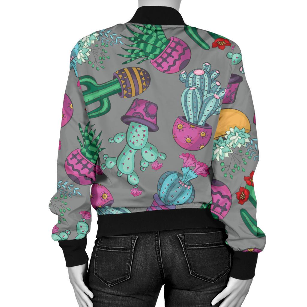 Cactus Colorful Print Pattern Women Casual Bomber Jacket