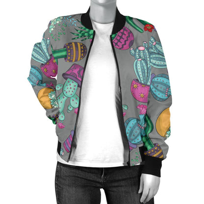 Cactus Colorful Print Pattern Women Casual Bomber Jacket