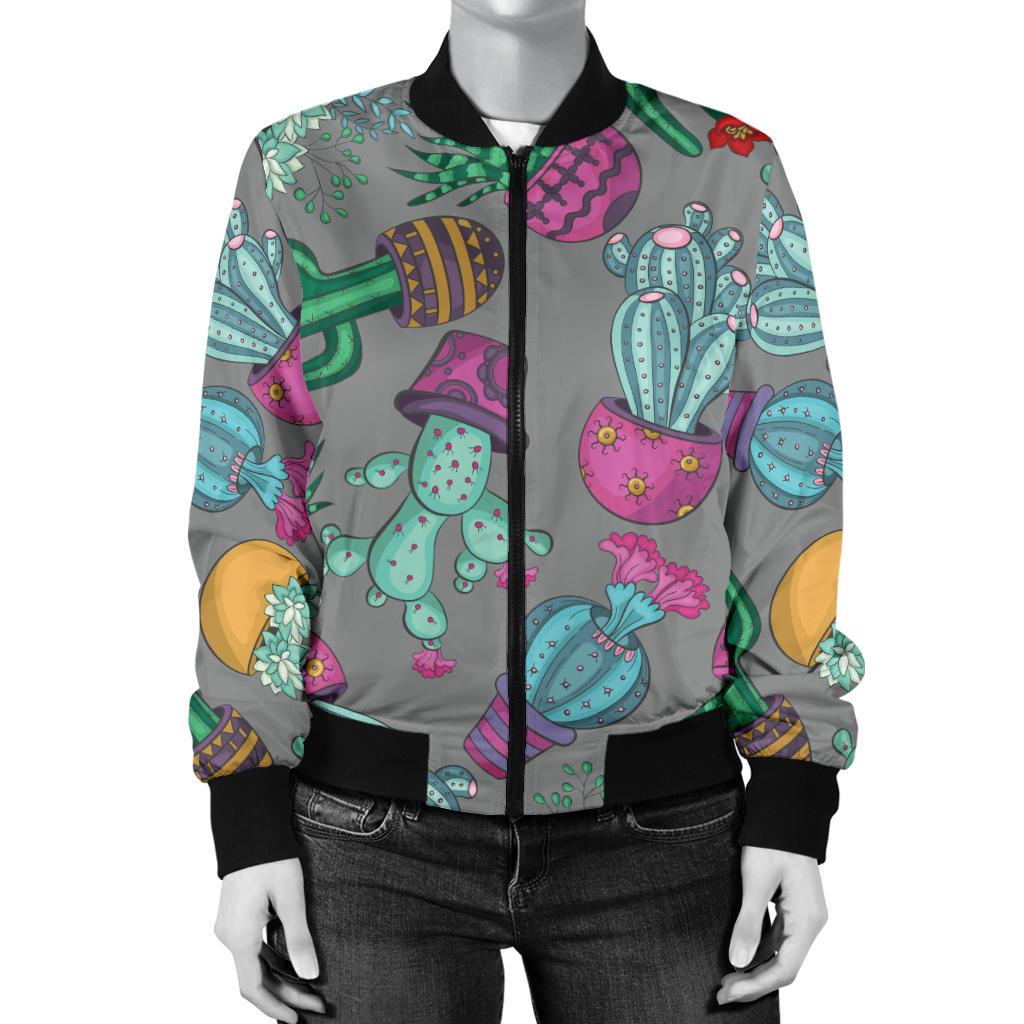 Cactus Colorful Print Pattern Women Casual Bomber Jacket