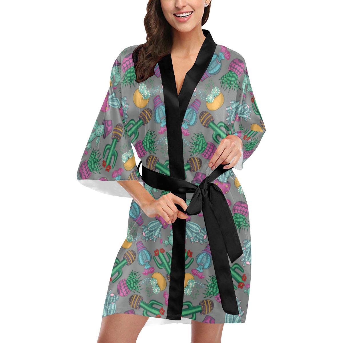 Cactus Colorful Print Pattern Women Short Kimono Robe
