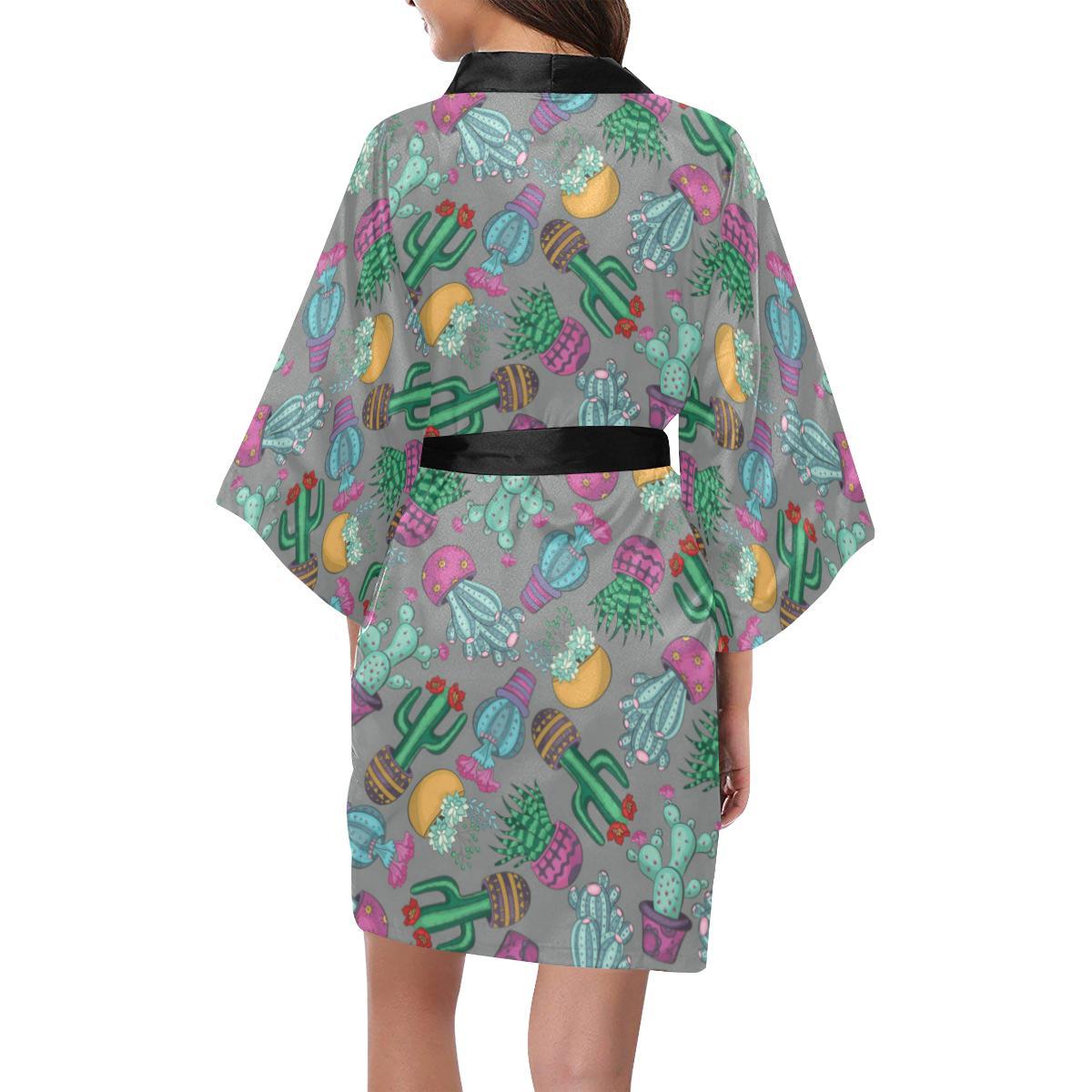 Cactus Colorful Print Pattern Women Short Kimono Robe
