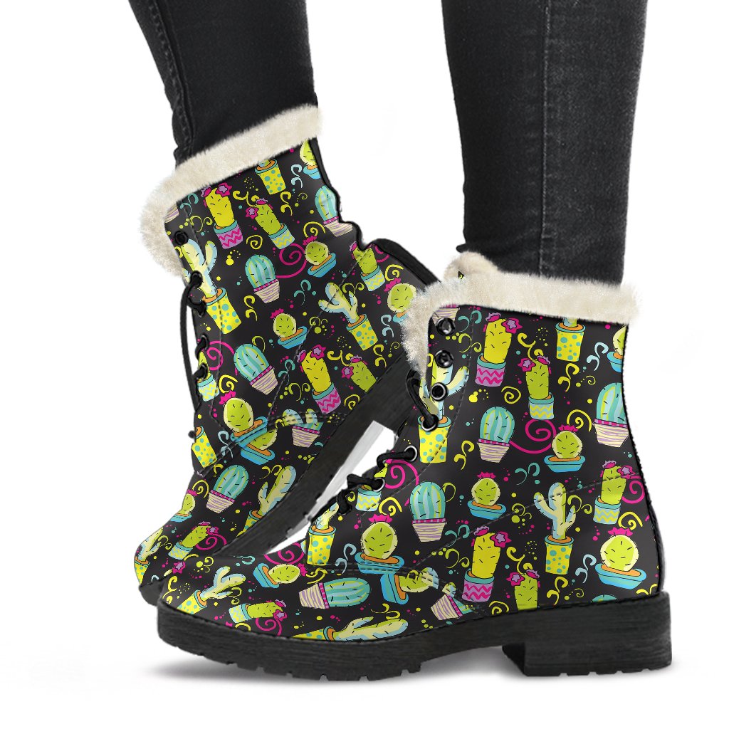 Cactus Neon Style Print Pattern Faux Fur Leather Boots-JTAMIGO.COM