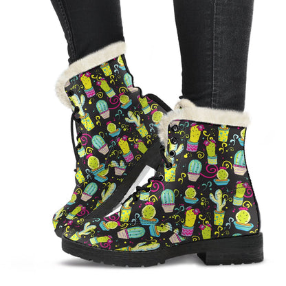 Cactus Neon Style Print Pattern Faux Fur Leather Boots-JTAMIGO.COM