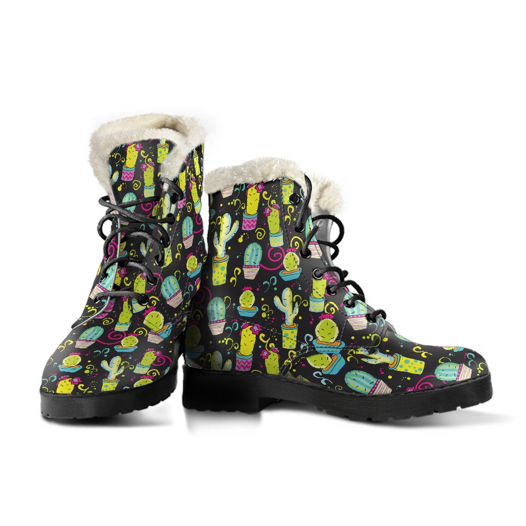 Cactus Neon Style Print Pattern Faux Fur Leather Boots-JTAMIGO.COM