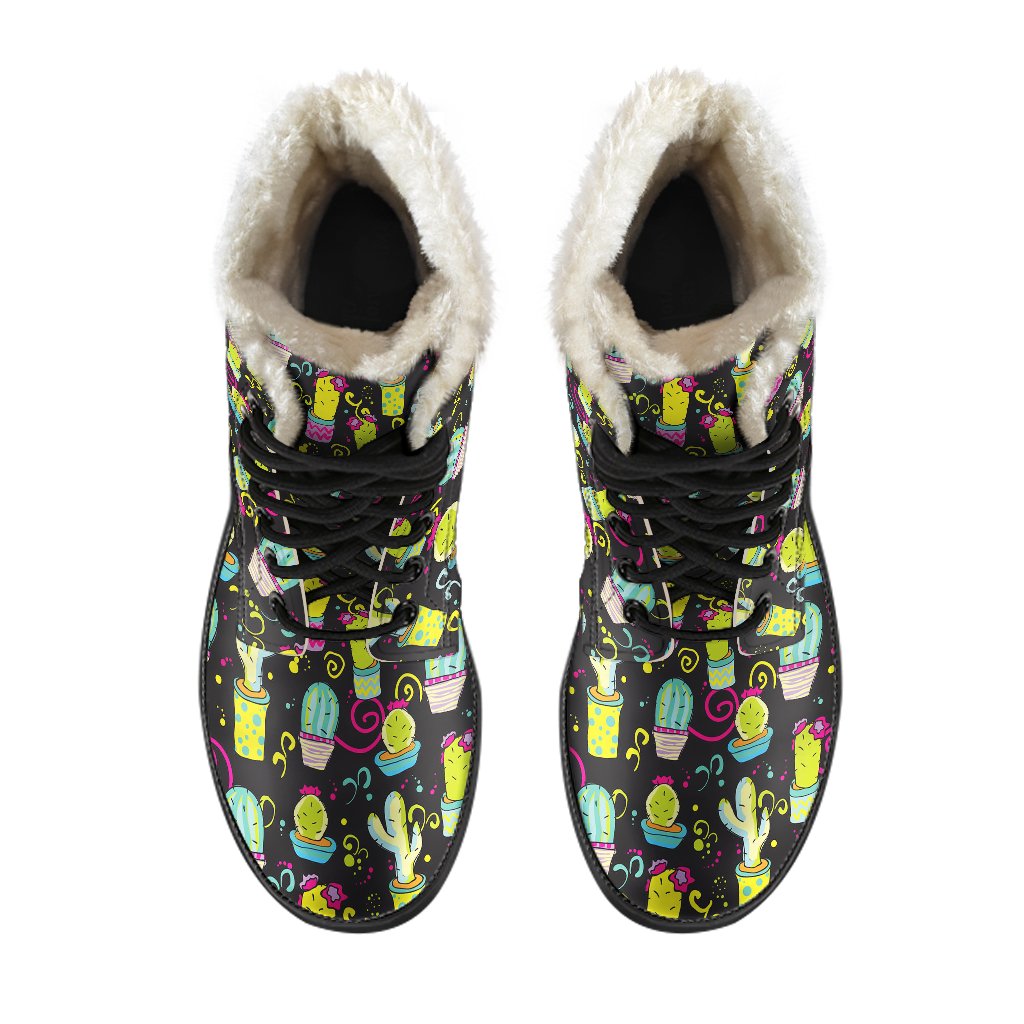Cactus Neon Style Print Pattern Faux Fur Leather Boots-JTAMIGO.COM