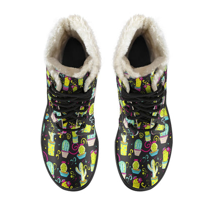 Cactus Neon Style Print Pattern Faux Fur Leather Boots-JTAMIGO.COM