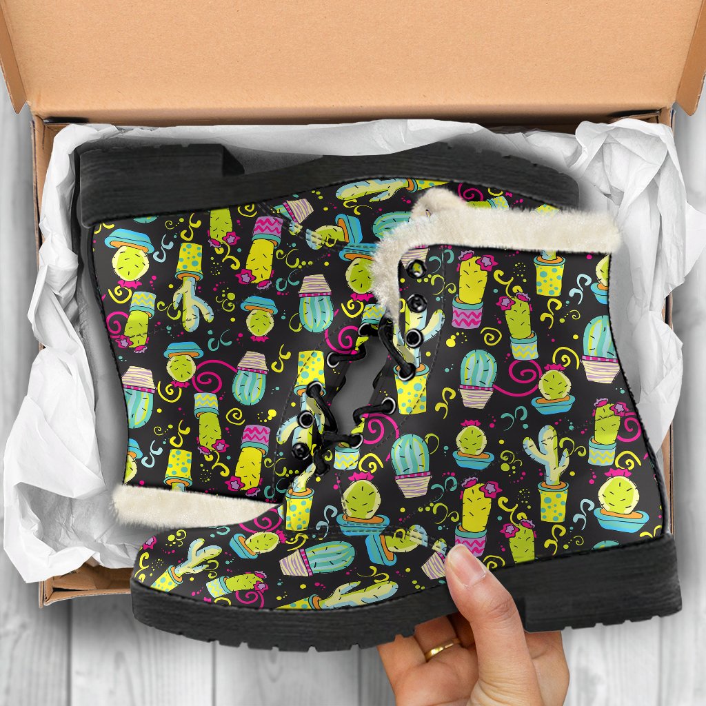 Cactus Neon Style Print Pattern Faux Fur Leather Boots-JTAMIGO.COM