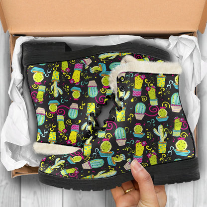 Cactus Neon Style Print Pattern Faux Fur Leather Boots-JTAMIGO.COM