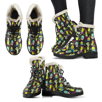 Cactus Neon Style Print Pattern Faux Fur Leather Boots-JTAMIGO.COM