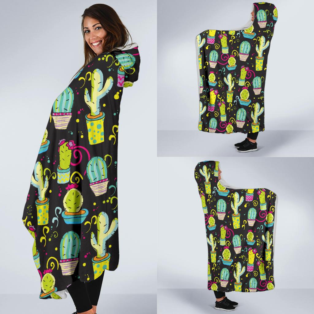 Cactus Neon Style Print Pattern Hooded Blanket-JTAMIGO.COM