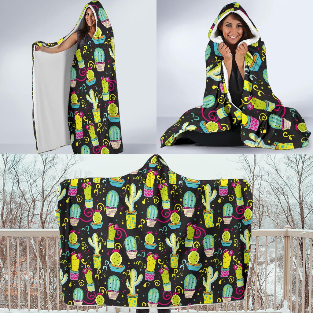 Cactus Neon Style Print Pattern Hooded Blanket-JTAMIGO.COM