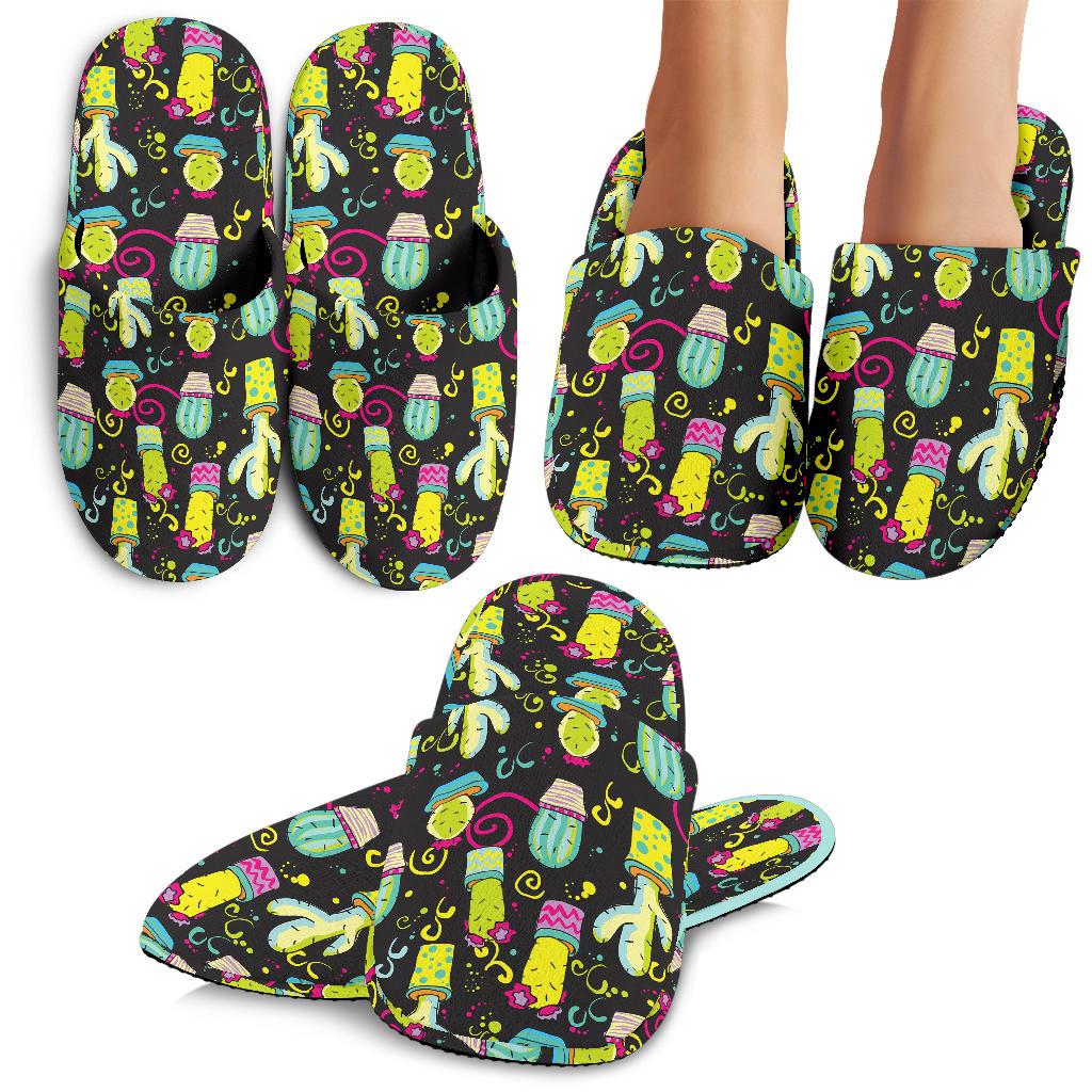 Cactus Neon Style Print Pattern House Slippers