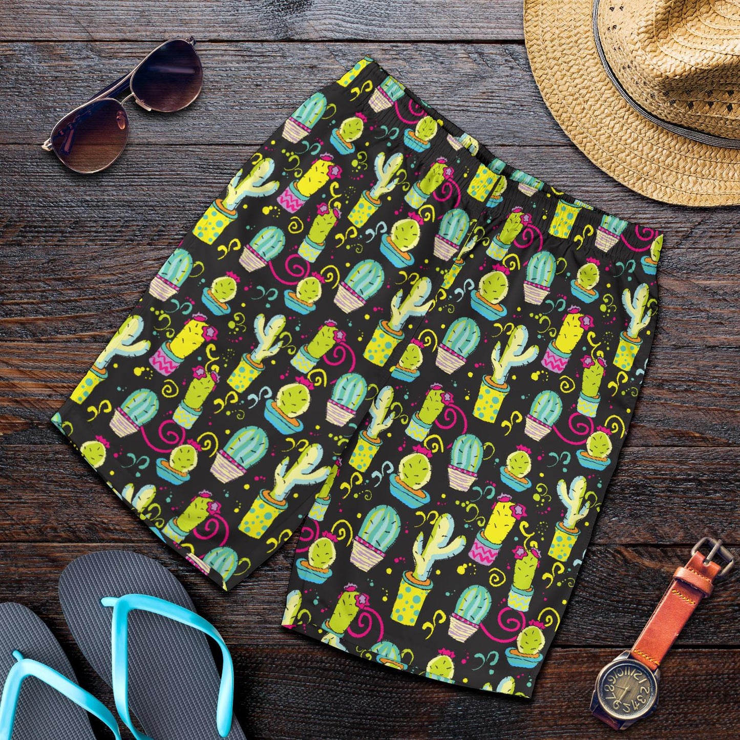 Cactus Neon Style Print Pattern Mens Shorts-JTAMIGO.COM