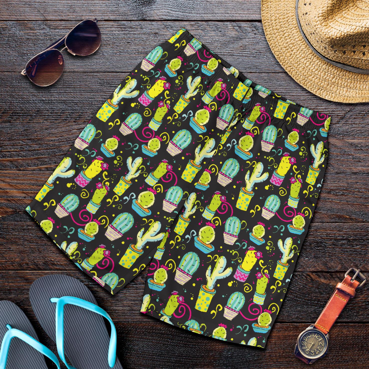 Cactus Neon Style Print Pattern Mens Shorts-JTAMIGO.COM