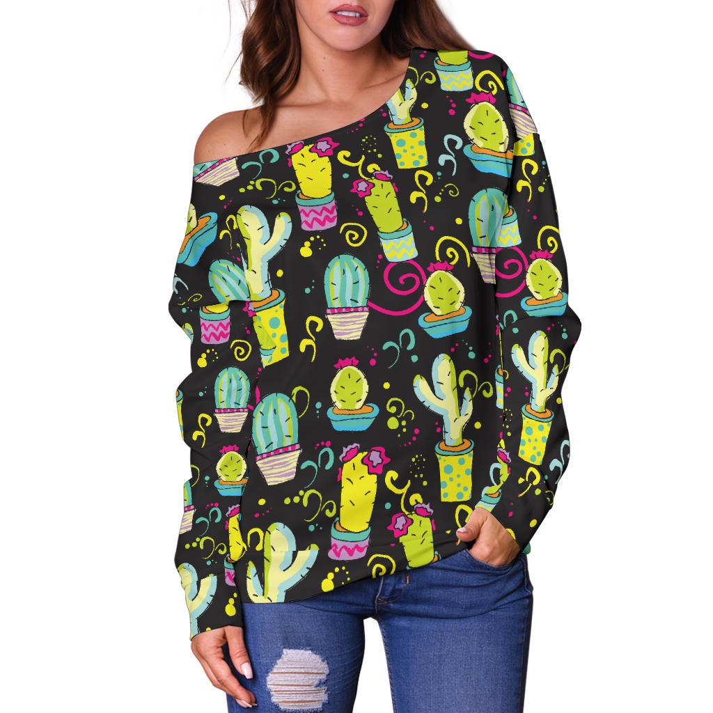 Cactus Neon Style Print Pattern Off Shoulder Sweatshirt