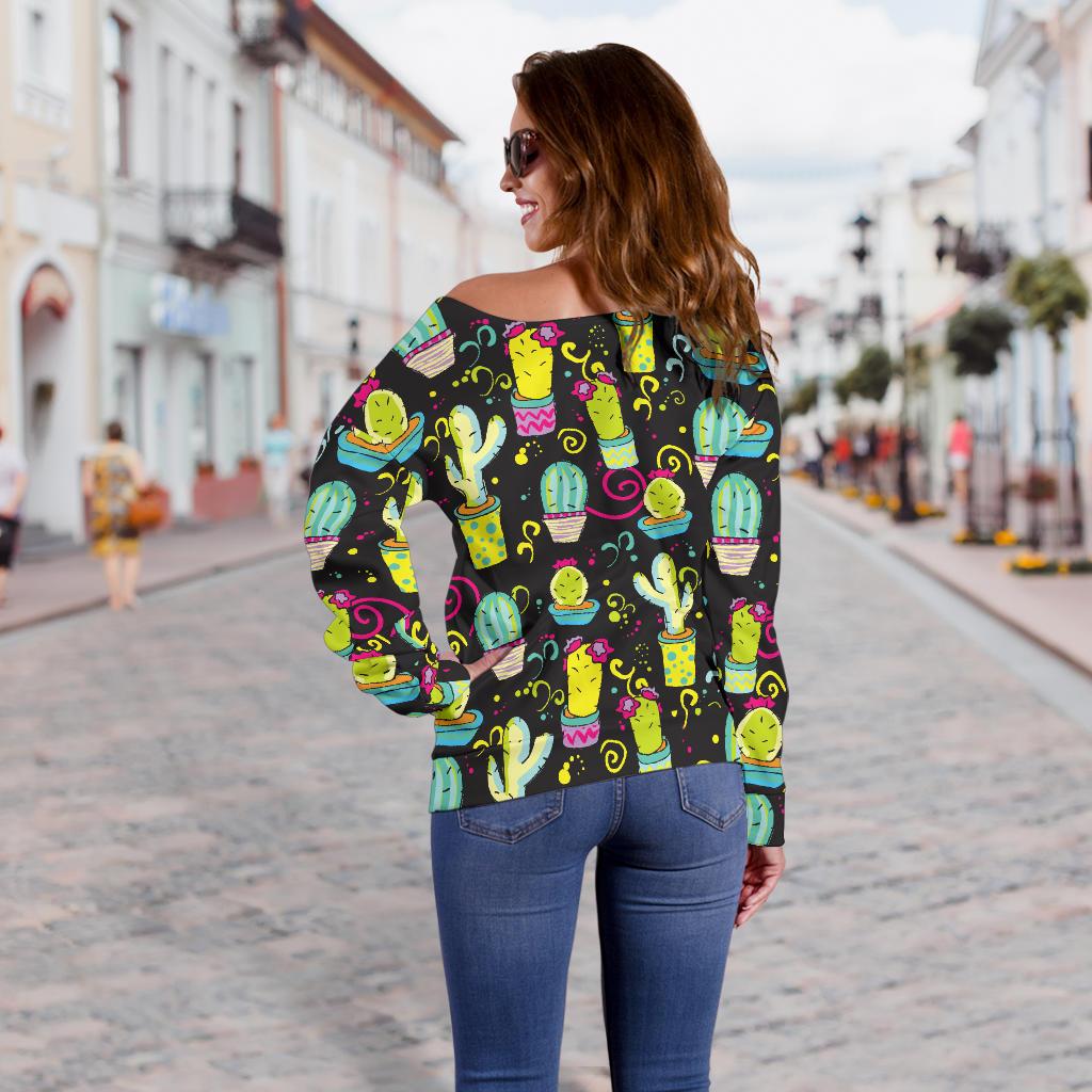 Cactus Neon Style Print Pattern Off Shoulder Sweatshirt
