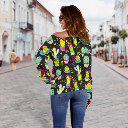 Cactus Neon Style Print Pattern Off Shoulder Sweatshirt