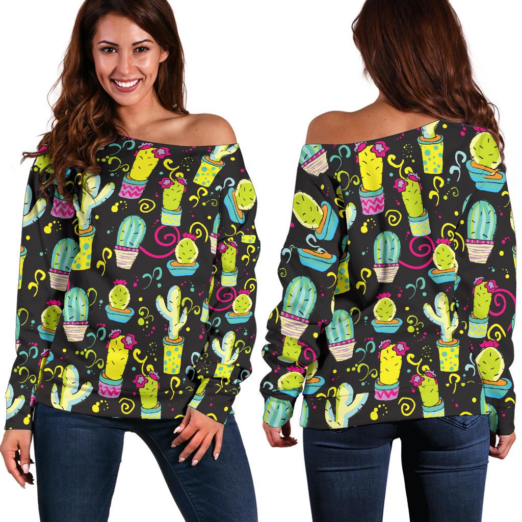 Cactus Neon Style Print Pattern Off Shoulder Sweatshirt