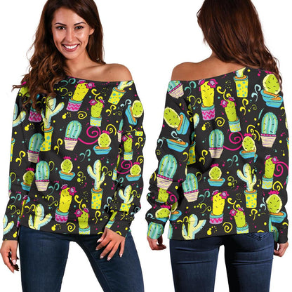 Cactus Neon Style Print Pattern Off Shoulder Sweatshirt