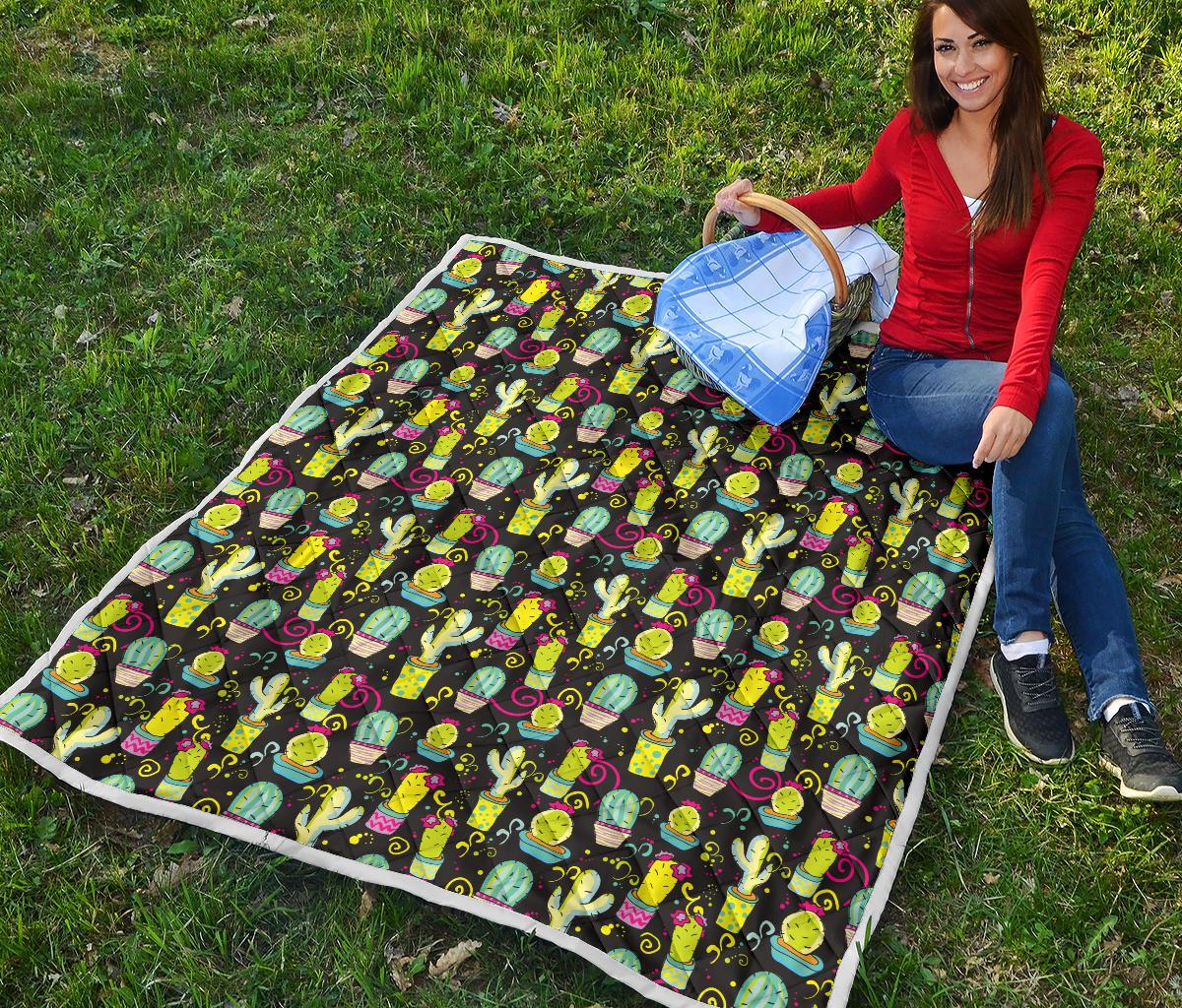 Cactus Neon Style Print Pattern Premium Quilt-JTAMIGO.COM
