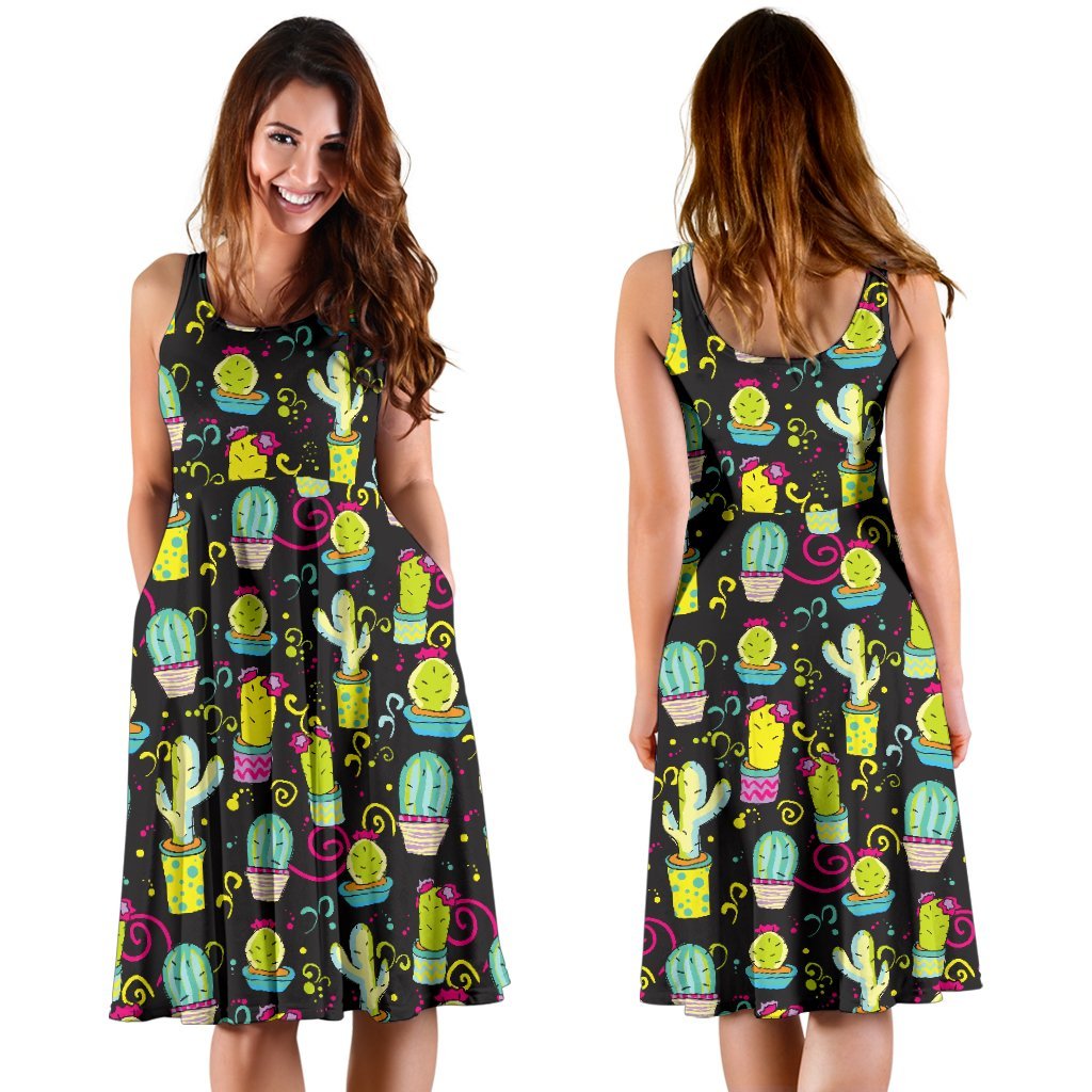 Cactus Neon Style Print Pattern Sleeveless Dress