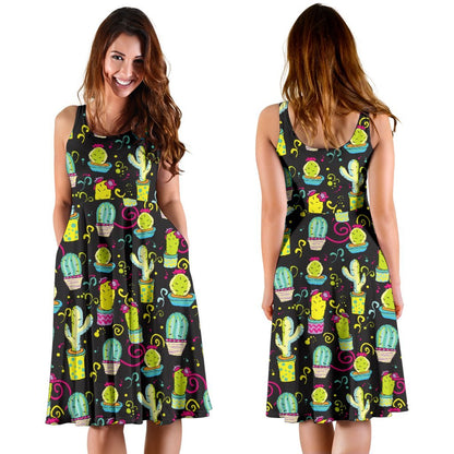Cactus Neon Style Print Pattern Sleeveless Dress