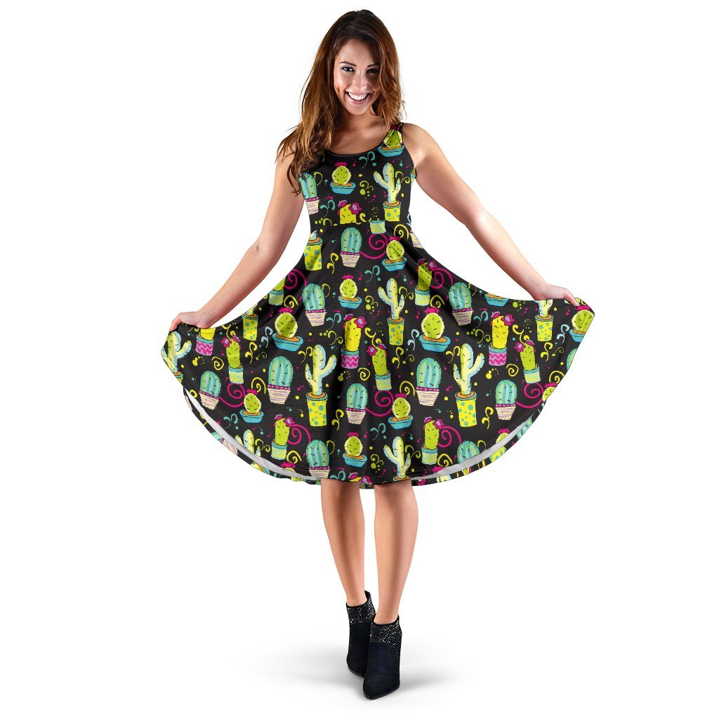 Cactus Neon Style Print Pattern Sleeveless Dress
