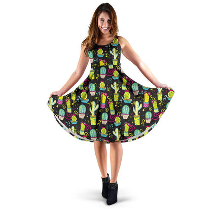 Cactus Neon Style Print Pattern Sleeveless Dress