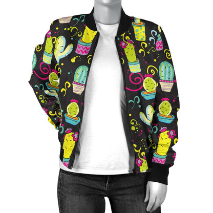Cactus Neon Style Print Pattern Women Casual Bomber Jacket