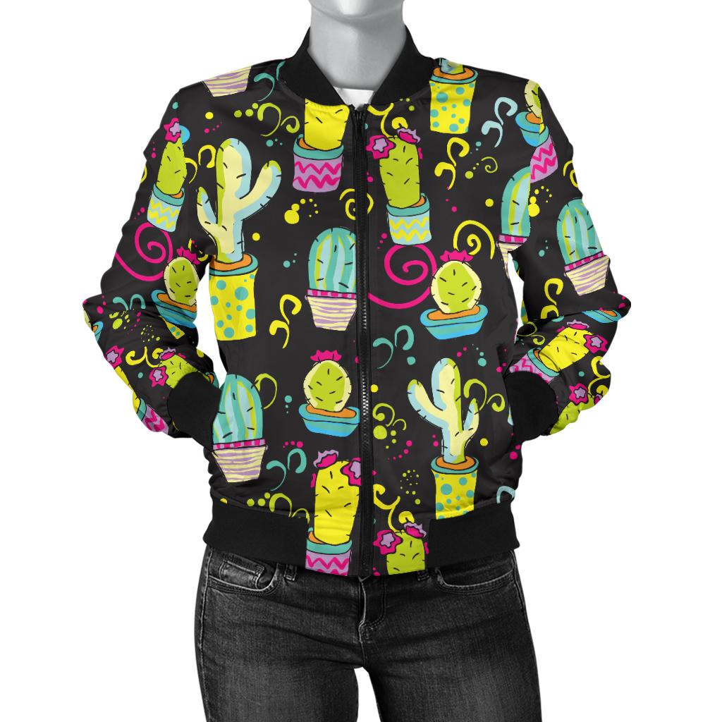 Cactus Neon Style Print Pattern Women Casual Bomber Jacket