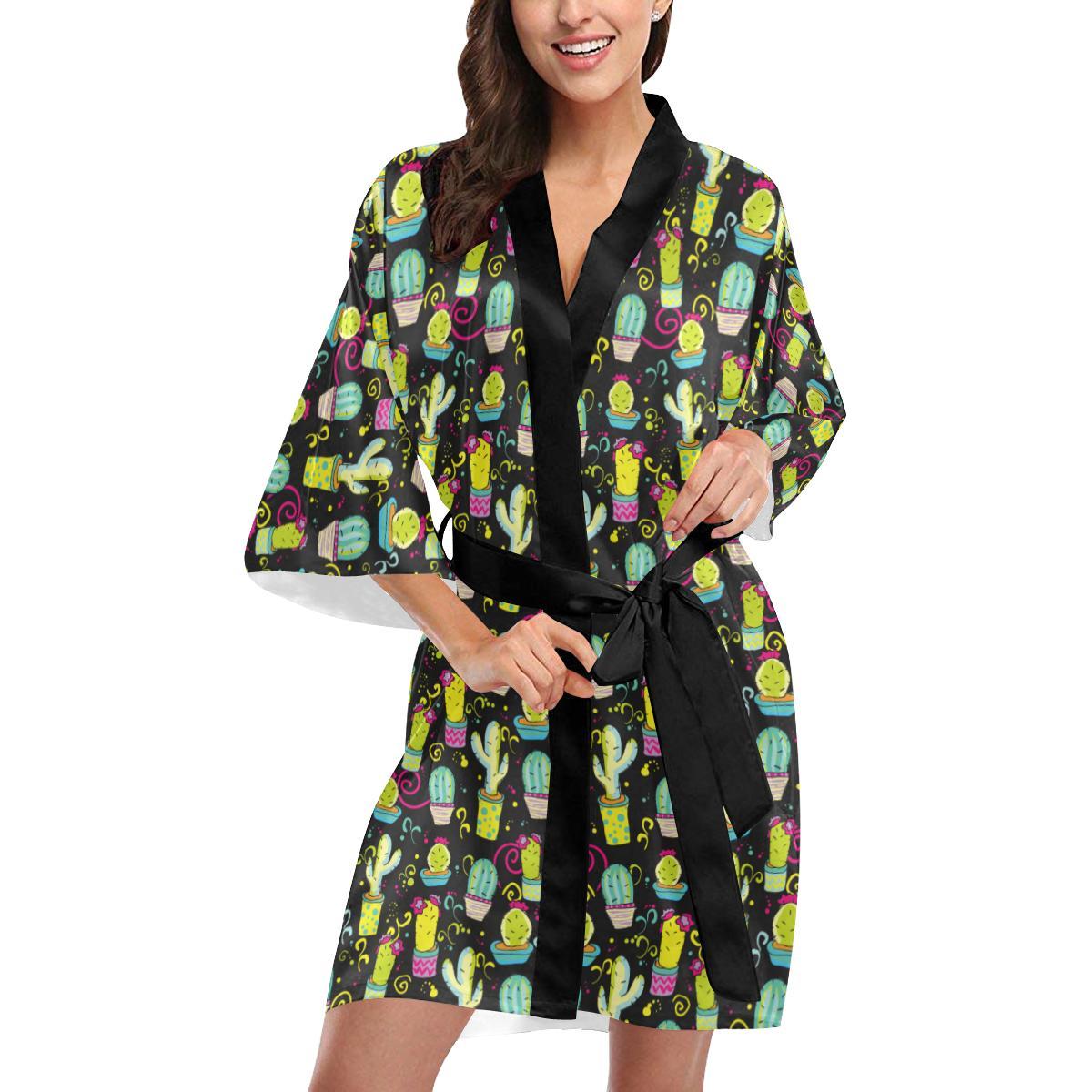 Cactus Neon Style Print Pattern Women Short Kimono Robe