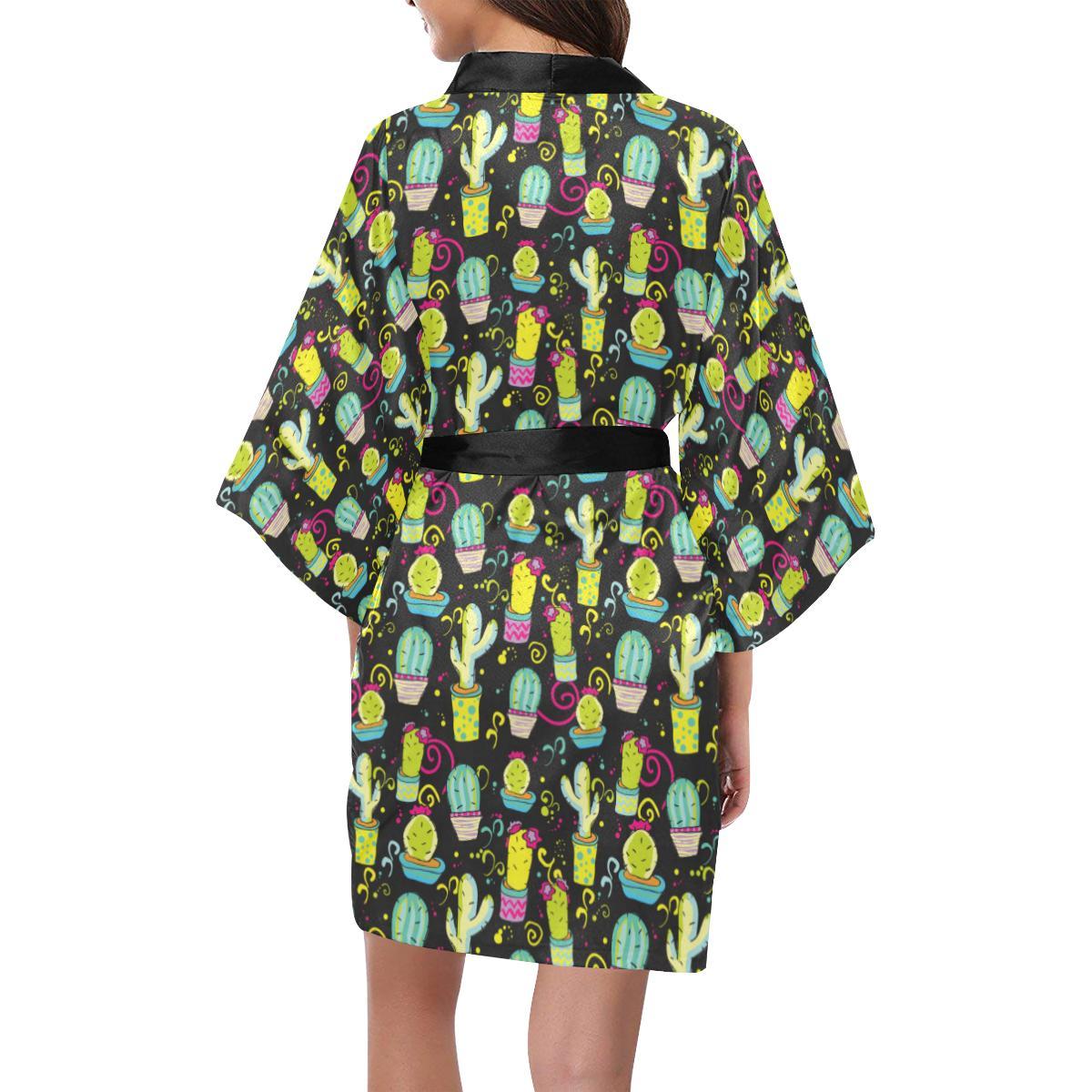 Cactus Neon Style Print Pattern Women Short Kimono Robe