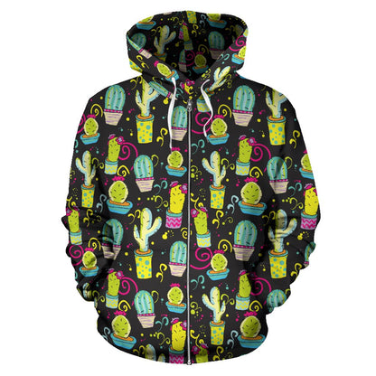 Cactus Neon Style Print Pattern Zip Up Hoodie