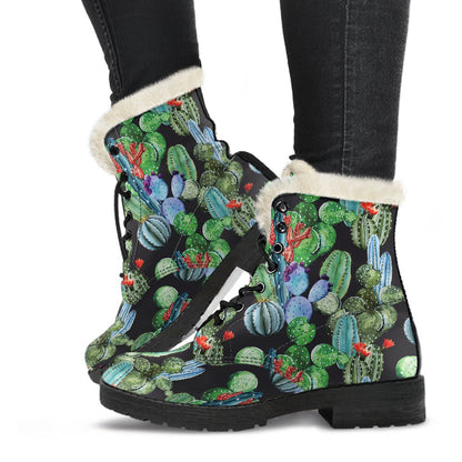 Cactus Watercolor Style Print Faux Fur Leather Boots-JTAMIGO.COM