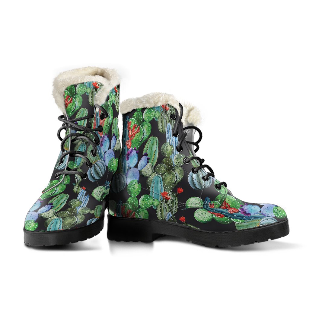 Cactus Watercolor Style Print Faux Fur Leather Boots-JTAMIGO.COM