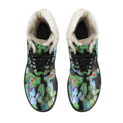 Cactus Watercolor Style Print Faux Fur Leather Boots-JTAMIGO.COM