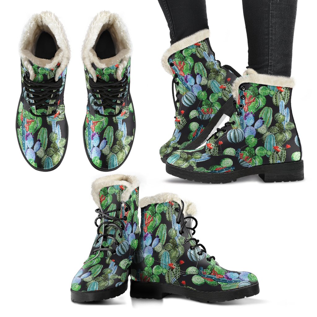 Cactus Watercolor Style Print Faux Fur Leather Boots-JTAMIGO.COM