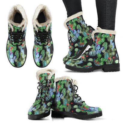Cactus Watercolor Style Print Faux Fur Leather Boots-JTAMIGO.COM