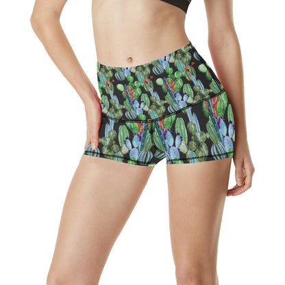 Cactus Watercolor Style Print High Waisted Spandex Shorts-JTAMIGO.COM