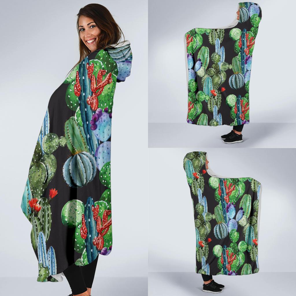 Cactus Watercolor Style Print Hooded Blanket-JTAMIGO.COM