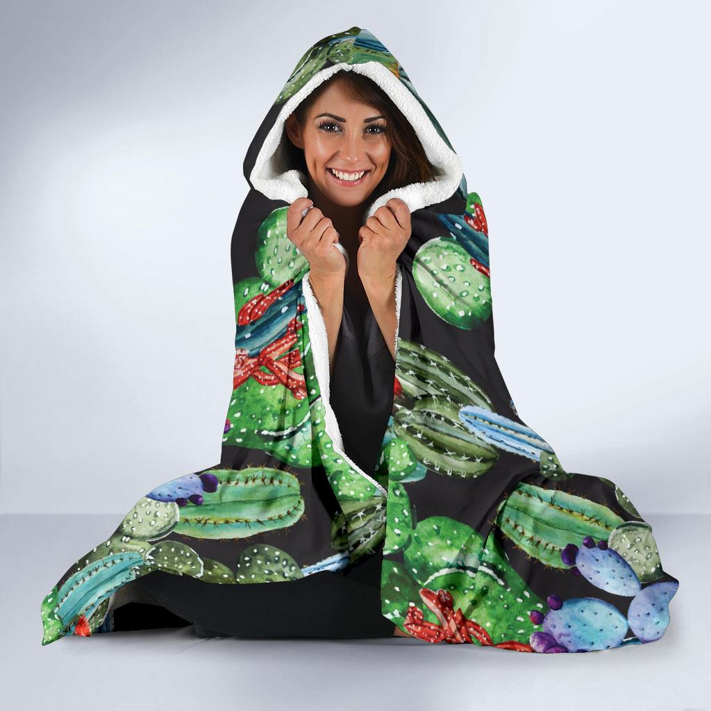 Cactus Watercolor Style Print Hooded Blanket-JTAMIGO.COM