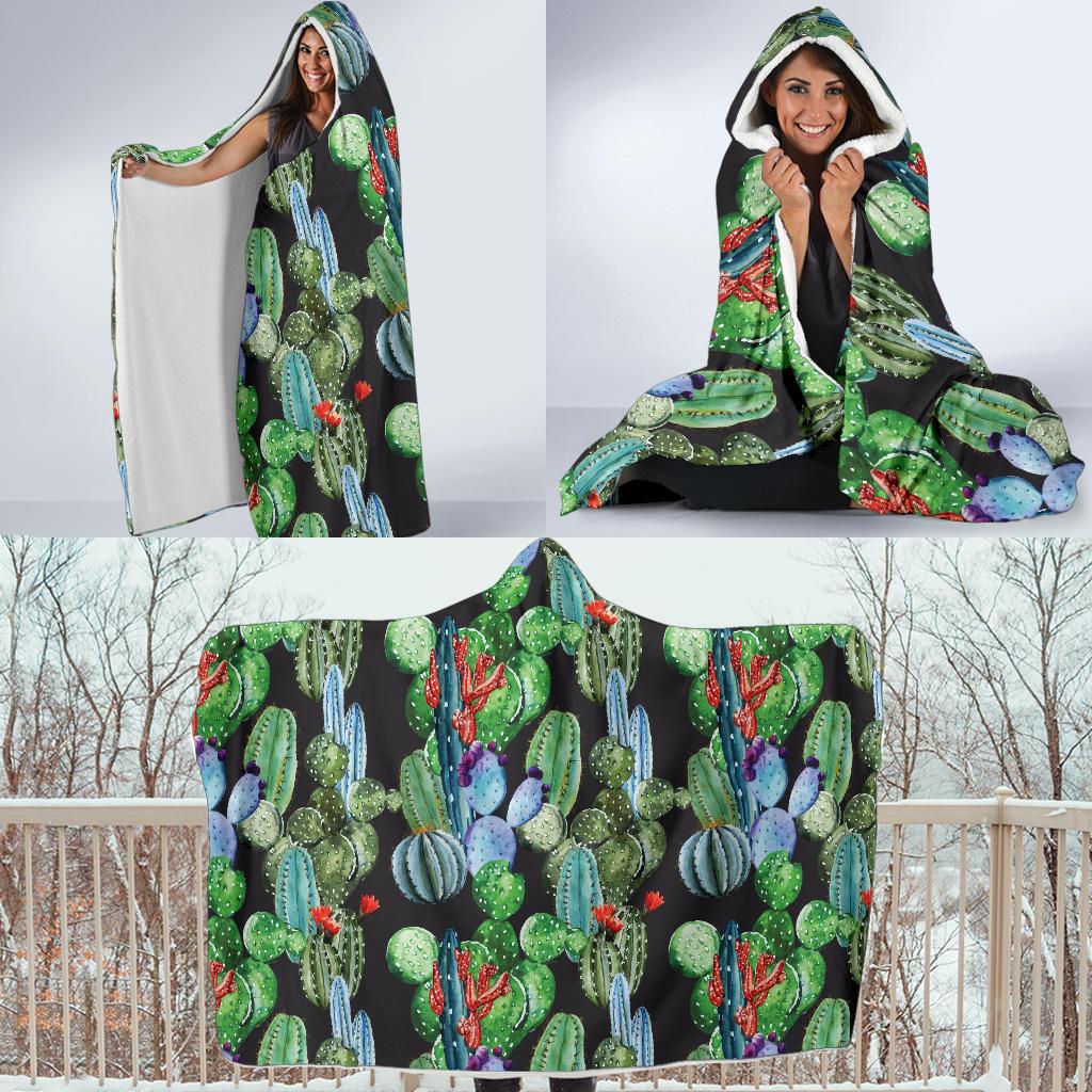 Cactus Watercolor Style Print Hooded Blanket-JTAMIGO.COM