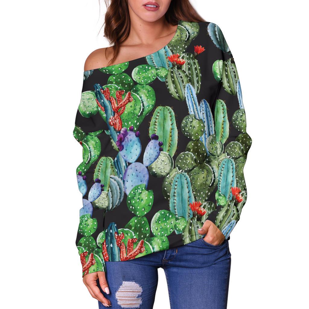 Cactus Watercolor Style Print Off Shoulder Sweatshirt
