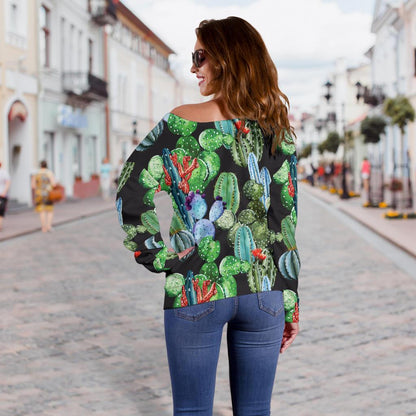 Cactus Watercolor Style Print Off Shoulder Sweatshirt